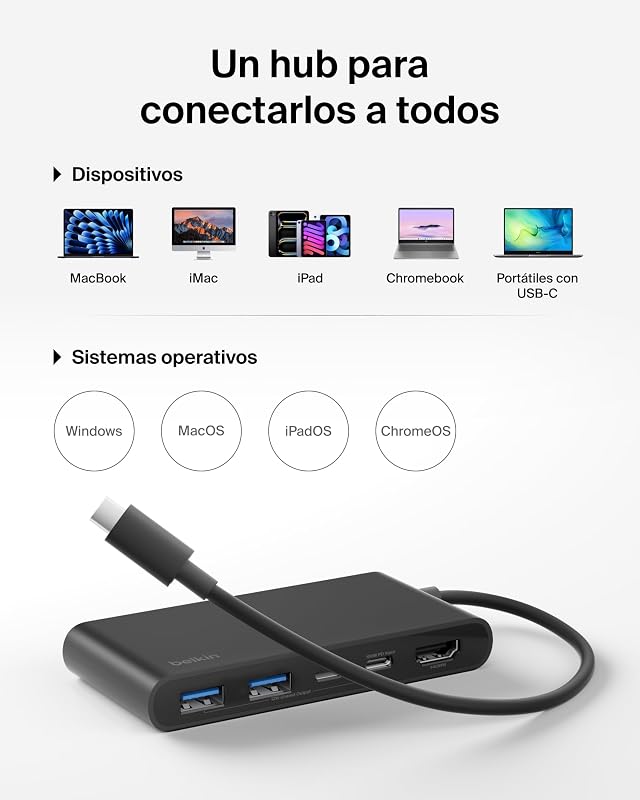 Hub USB C de 5 portas com 1 HDMI 4K a 60 Hz, entrega de energia a 100W, transferências de 5 Gbps, adaptador USB C multiporta, MacBook, iPad Pro, Chromebook e outros, HDMI 2.0 - Preto