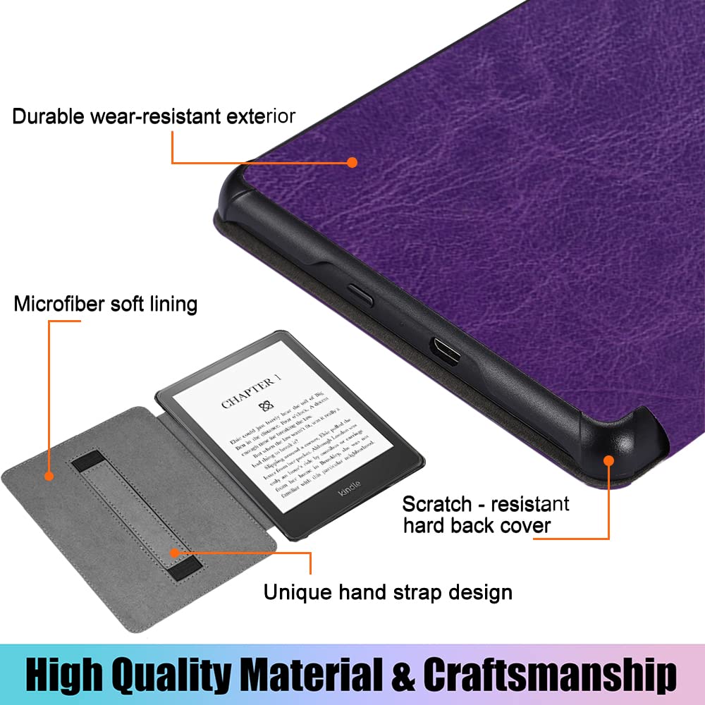 SCSVPN Case for Kindle Paperwhite - All New Lightweight PU Leather Smart Cover with Hand Strap, Auto Wake/Sleep for 6.8'' Kindle Paperwhite 11th Generation or Signature Edition 2021 Released, Purple