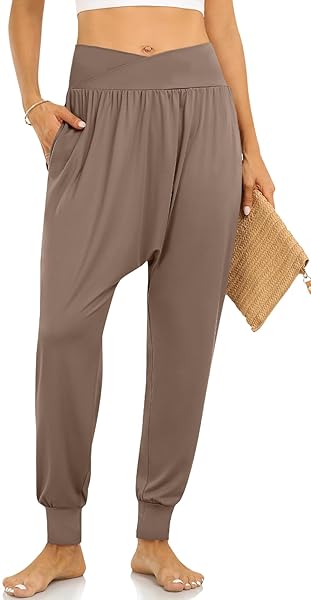 TARSE WOMEN’S COMFY HAREM PANTS LOUNGE CROSSOVER HIGH WAIST YOGA JOGGERS LOOSE WORKOUT SWEATPANTS SOFT PAJAMA PANTS WITH POCKETS LIGHTCOFFEE L