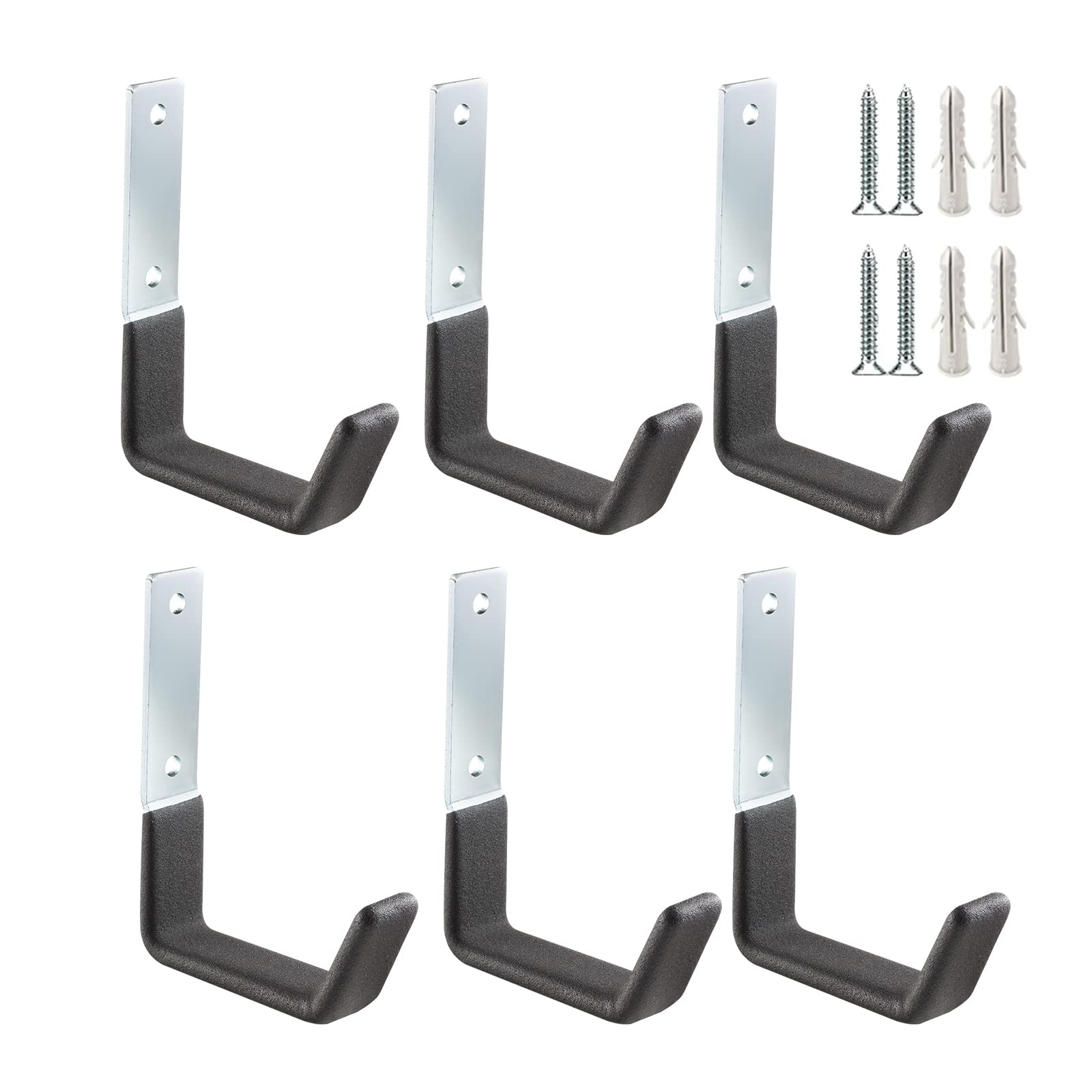 PYBTOOL Heavy Duty Steel Garage Storage Hooks, 6 Pack, Black, 50 lbs Capacity, Wall Mount, Small (9 x 12 cm)