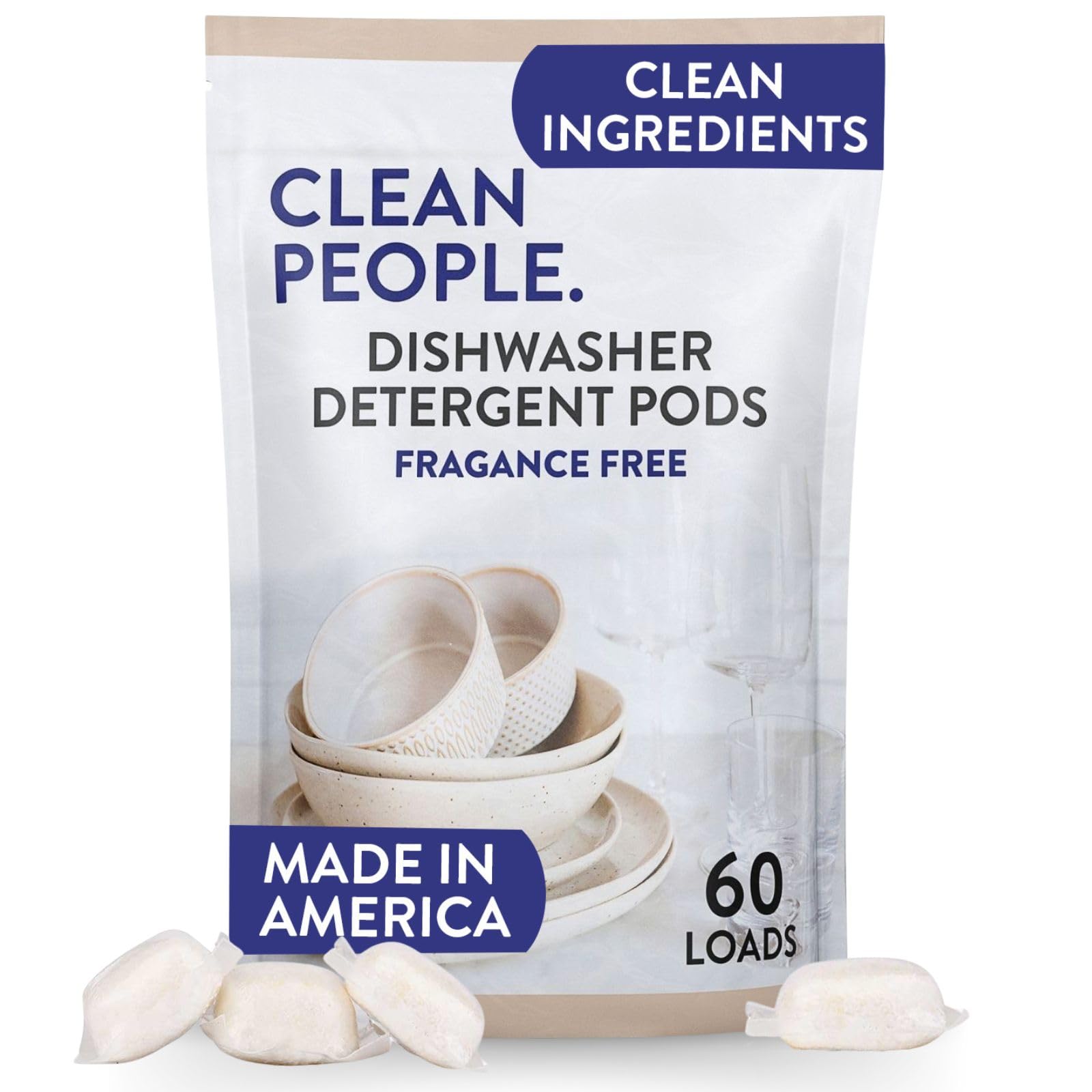 The Clean People Dishwasher Pods - Cuts Grease & Rinses Sparkling Clean - Residue-Free - Phosphate Free Dishwashing Pods (60 Count, Fragrance Free)