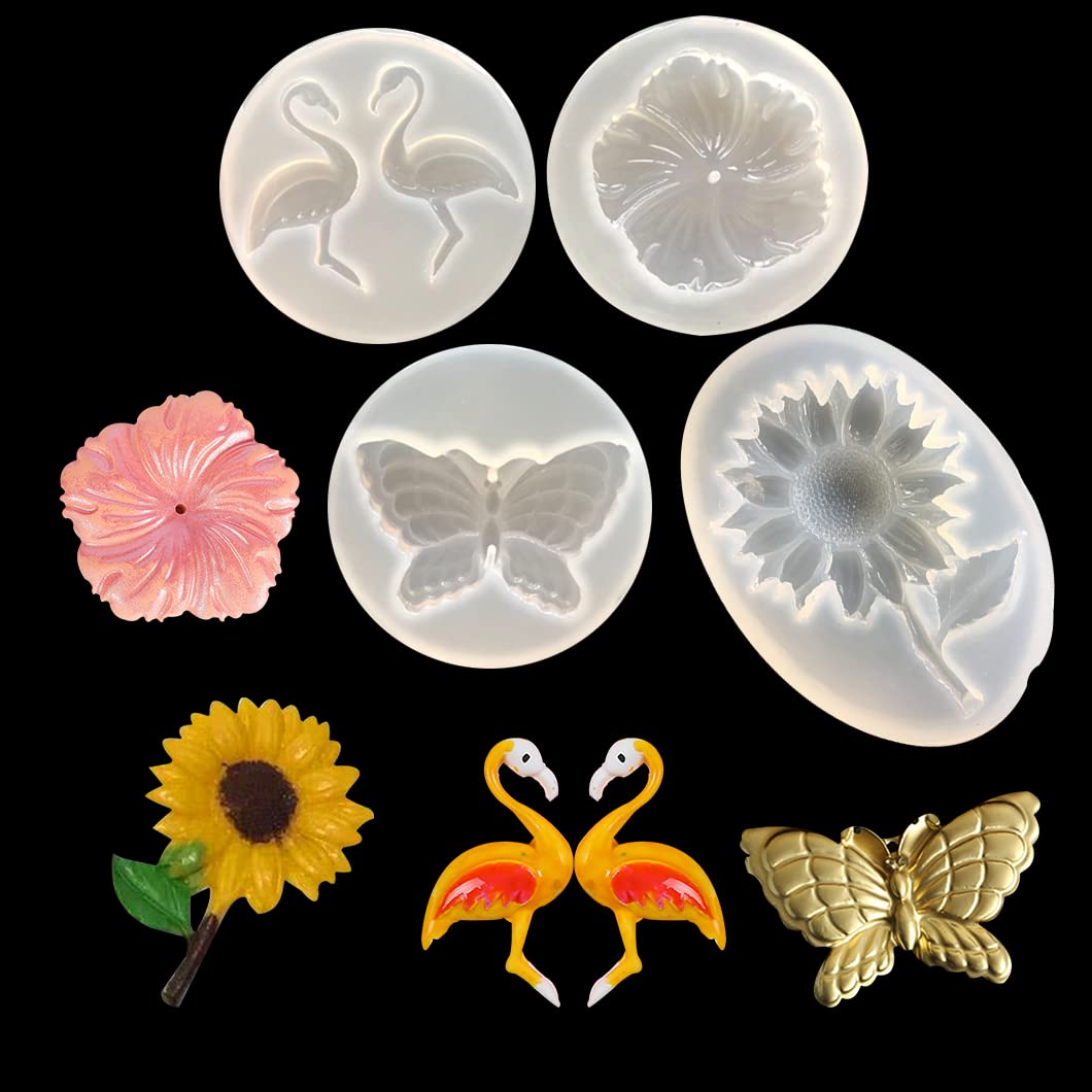 Rolin Roly 4Pcs Resin Sunflower Moulds Butterfly Silicone Mould Flower Epoxy Mold Flamingo Casting Pendant Molds for Jewelry Craft DIY Jewelry Making