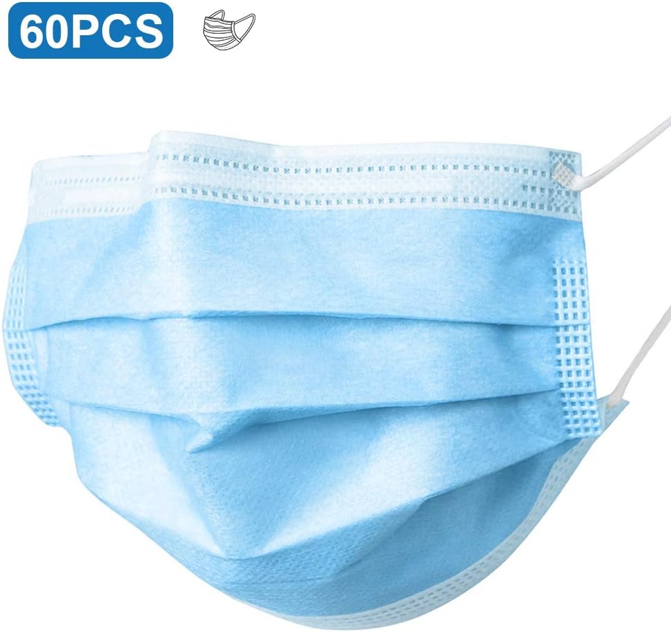 Disposable Thick 3-Ply with Elastic Ear Loop, Breathable Non-Woven Dust Filter, Breathable and Comfortable for Dust, Pollen Allergens (60)