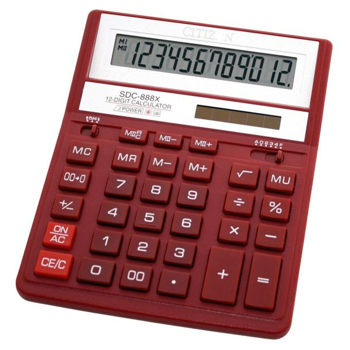 Citizen SDC888XRD Solar and Battery Power 12 Digit Calculator - Red