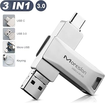 Memoria Flash USB 64 GB,3 en 1 PenDrive Llavero USB 3.0 Tipo-C USB ...