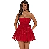 AIBEARTY Women's Sexy Glitter Off Shoulder Mini Dress Shiny Strapless Pleated A Line Dress for Party Club