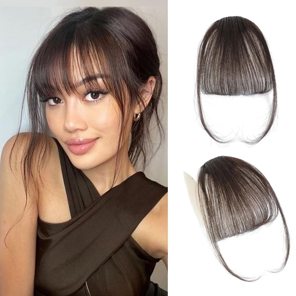 Clip in Fringe,Clip In Bangs for Women Hair Extensions Front Full Neat Human Hairpieces, Fashion Straight Wispy Bangs Fringe Air Bangs Clip for Daily Wear (Dark brown)