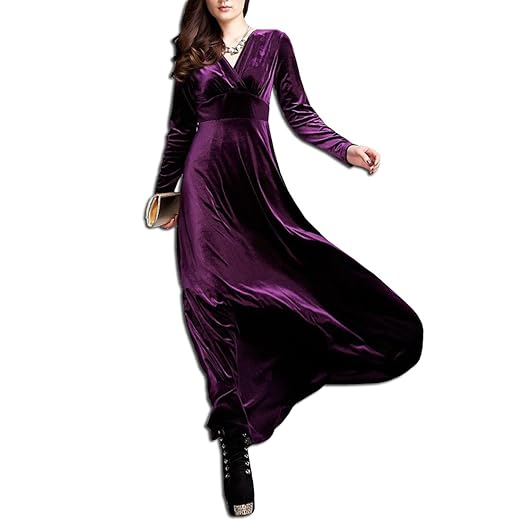 KAXIDY Damen Langes Kleid V-Ausschnitt Lange Langarm Samt Abendkleider Partykleider Cocktailkleider