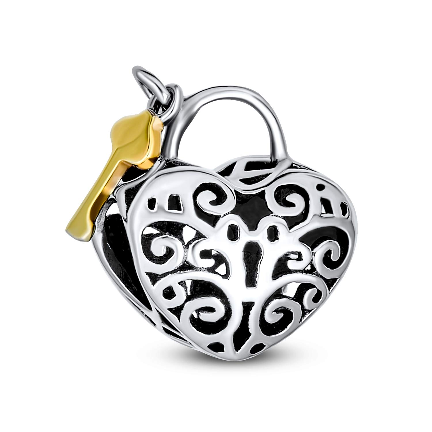 Bling Jewelry Vintage Style Two Tone Heart Shape Filigree Lovers Lock & Key Charm Bead For Women Girlfriend Gold Plated .925 Sterling Silver Fits European Bracelet