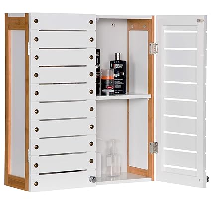 WOLTU Hängeschrank Wandschrank Küchenschrank Badschrank Medizinschrank Wandboard Regal mit Tür und Einlegeboden Bambus weiß