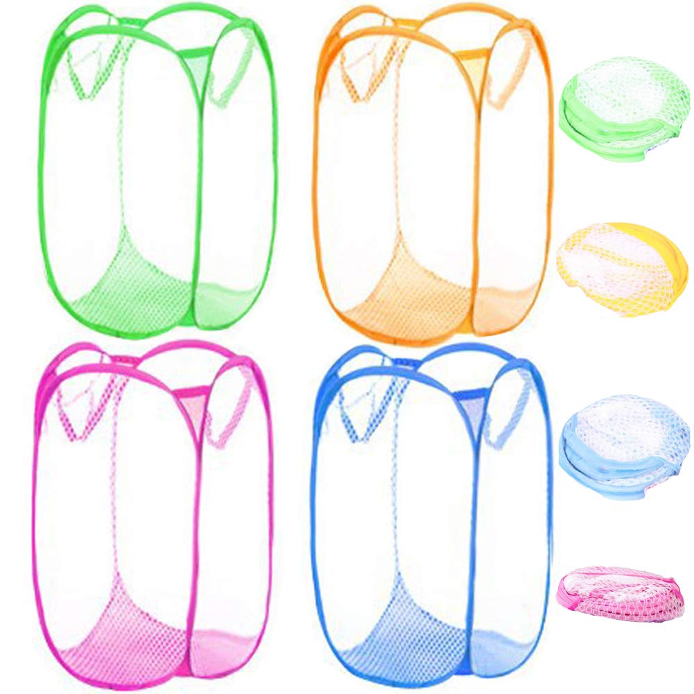 Qtopun Mesh Popup Laundry Hamper, 4 Pack Foldable Portable Dirty Clothes Basket for Bedroom, Kids Room, College Dormitory and Travel (White body with Pink,Yellow,Green,Light Blue)