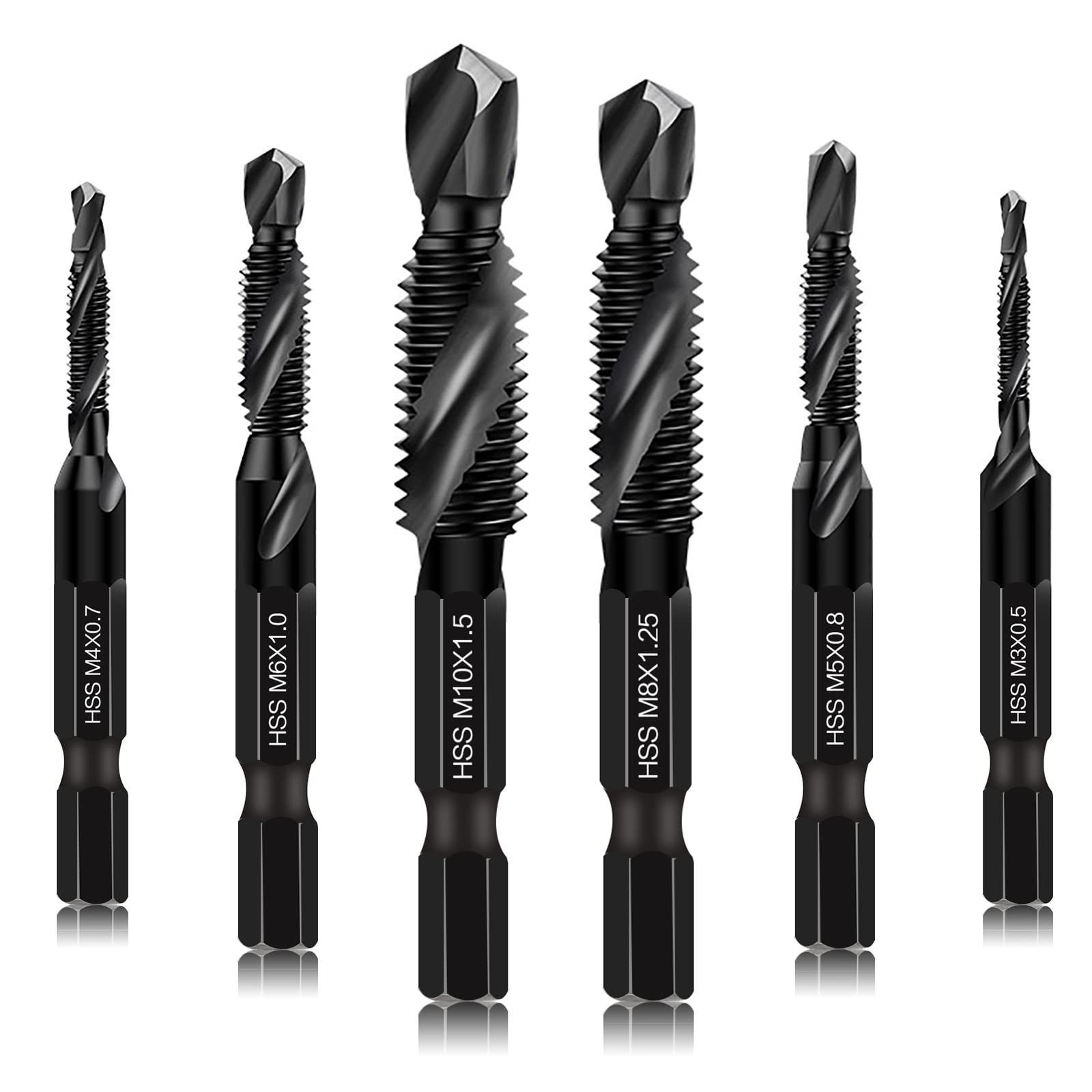 6 Packs Combination Drill & Taps Bit Set, Screw Tapping Threading Tools in Sizes M3*0.5 M4*0.7 M5*0.8 M6*1.0 M8*1.25 M10*1.5 with Anti-rust Black Coating, 6mm Hex Shank and Storage Case