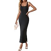ZESICA Womens 2026 Summer Casual Square Neck Bodycon Midi Dresses Spring Sleeveless Side Slit Knit Beach Vacation Long Dress