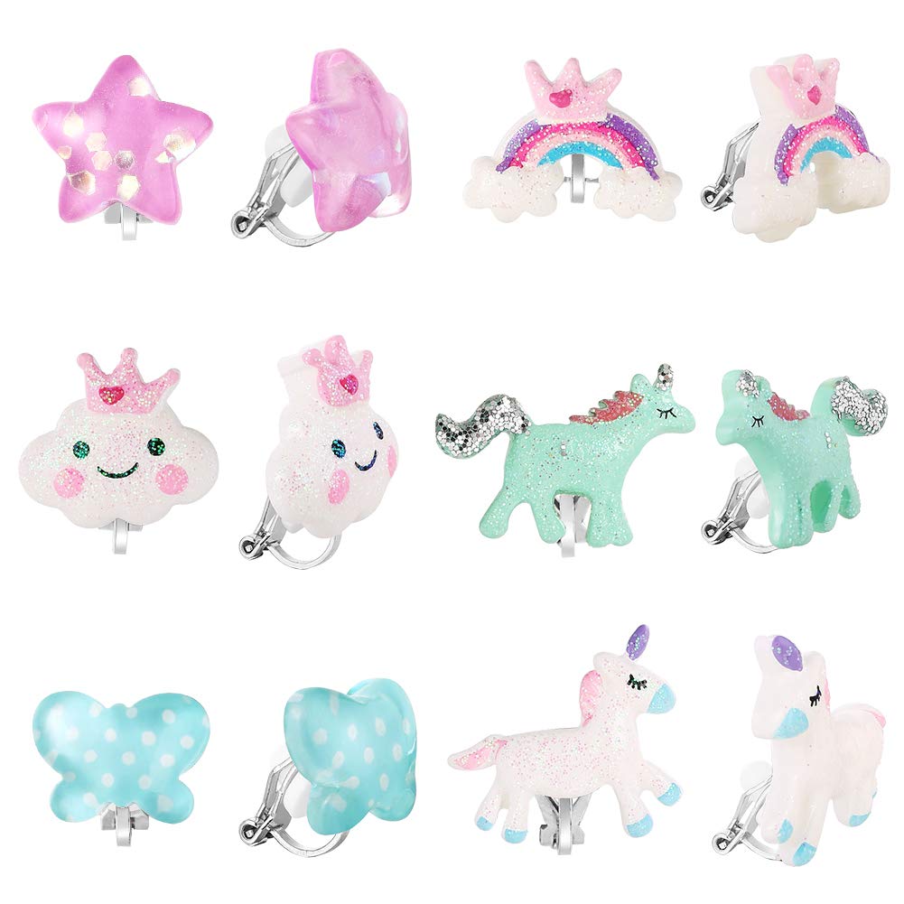 Pinkgarden Clip on Earrings for Little Girls, Unicorn Rainbow Earrings for Kids, 6 Pairs, Best Gift