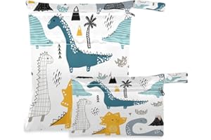 KEEPREAL 2Pcs Travel Wet and Dry Bag, Reusable Wet Bags Organizer with Two Zippered Pocket for Cloth Diaper, Swimsuit, Gym Clothes，Dino Scandinavian Style