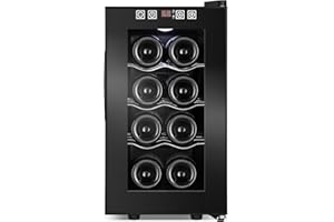 VELIVI Wine Cooler 8 Bottles, Small Compact Wine Refrigerator with Removable Shelves & Interior Light & Digital Touch Control, Double-Layer Tempered Glass Door Wine Fridge Freestanding for Home Office