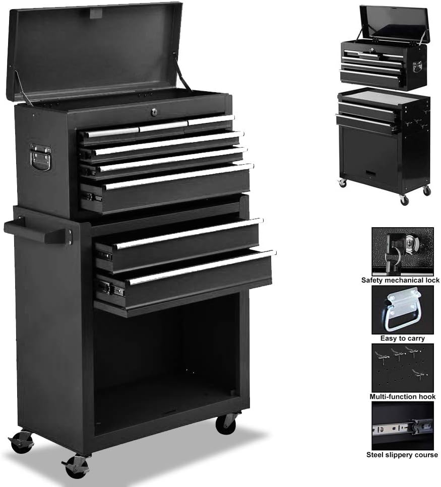 Tool Chest 8-Drawer Tool Box Rolling Tool Chest Removable Tool Cabinet, Sliding Metal Organizer Large Capacity Rolling Tool Storage Box for Garage or Small Work Shop,Black