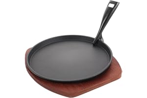 Generic Cast Iron Steak Grill Plate with Nonstick Surface and Wooden Tray, Round Sizzling Pan for Barbecue