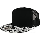 Armycrew Hawaiian Floral Printed Flat Bill Trucker Mesh Snapback Cap