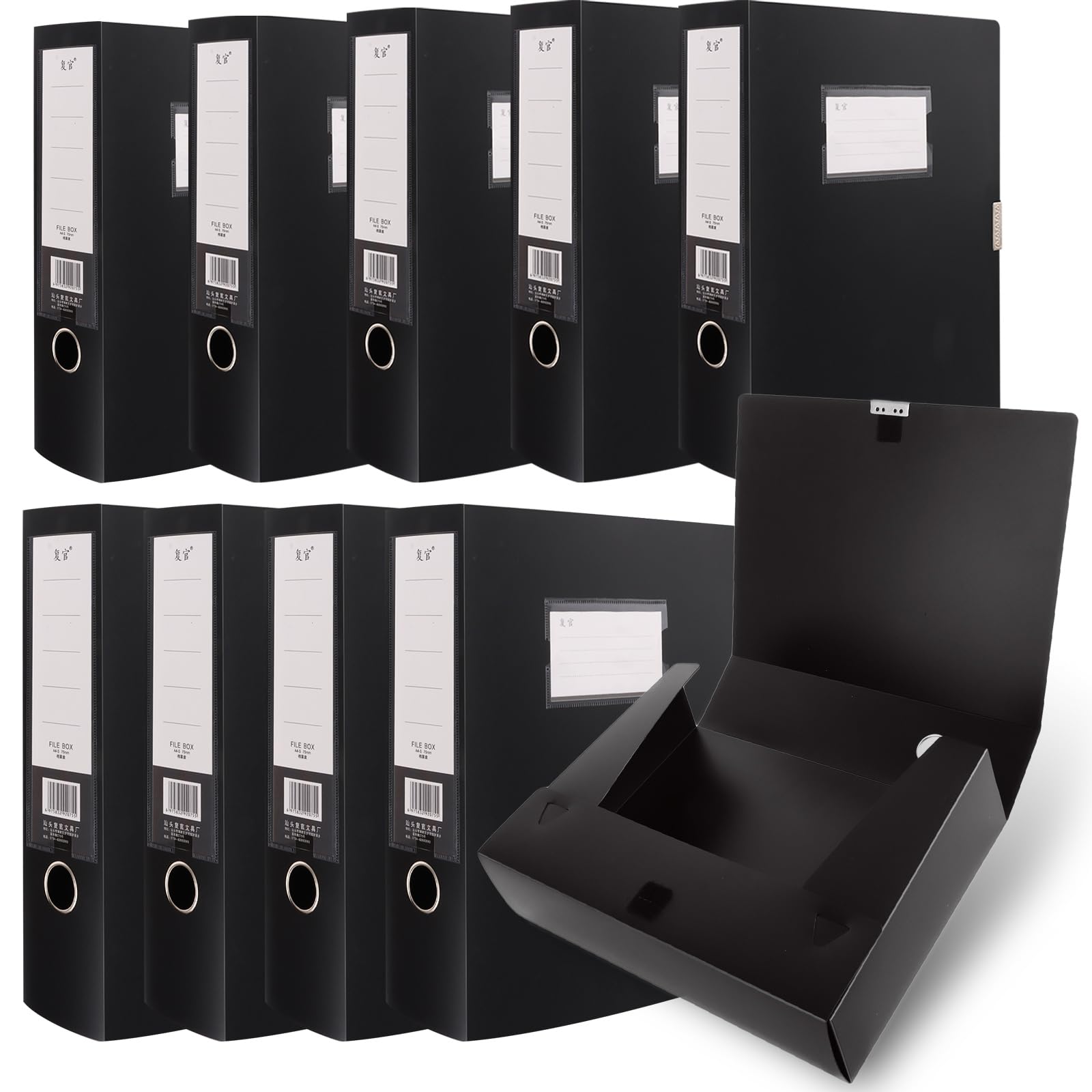 CYEER 10 Pack Box Files, Black Plastic Box File A4 Filing Boxes 75mm Spine, Foolscap Folders for Paperwork A4 Document