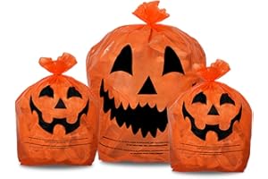KINREX Halloween Leaf Bags Pumpkin Plastic Lawn and Leaf Bags Decoration - Outdoor Fall Trash Bag Decor - Orange Jack O Lantern - Pack of 3 with Twist Ties