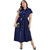 KOJOOIN Plus Size Maxi Dresses for Women Summer Tie Belt Work Polo Dress Business Casual Button Down Dress