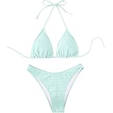 WDIRARA Women's 2 Piece Textured Thong Bikini Set Triangle String Halter Swimsuit High Cut Bathing Suit