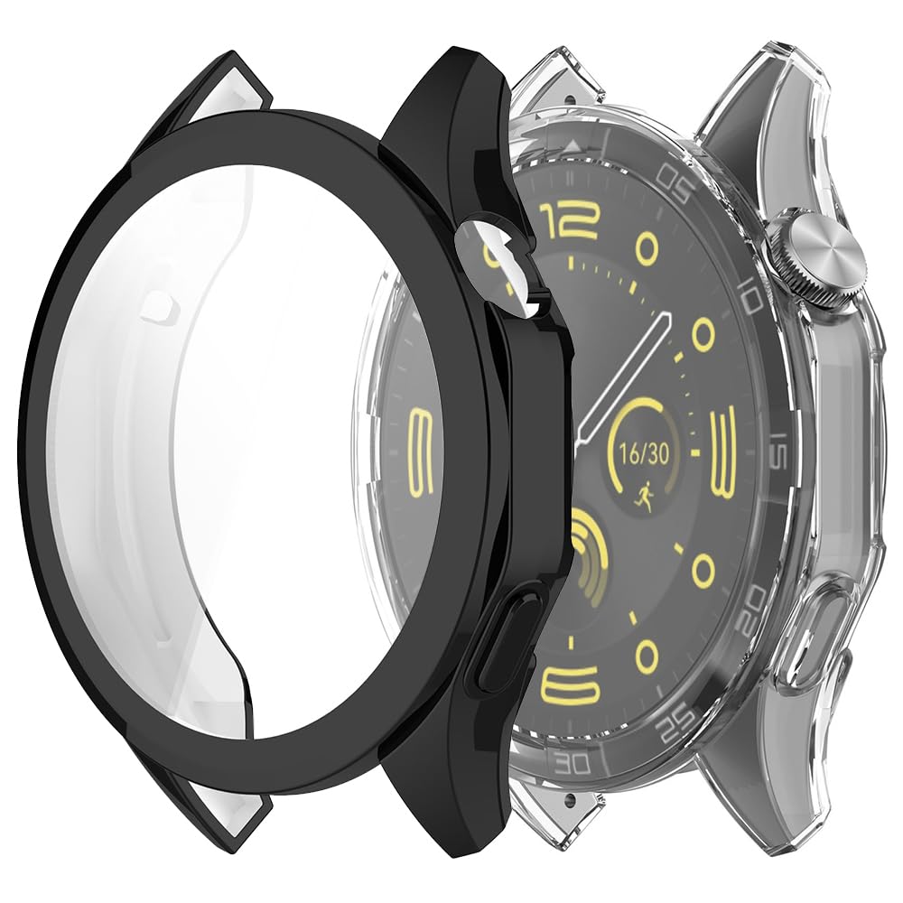 Msiall Pack of 2 Case Compatible with Huawei Watch GT4 46 mm Protective Case, Flexible TPU Full Protection Screen Protector Scratch-Resistant Screen Protector Protective Case – Black Transparent
