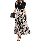 PerZeal Women's Casual Summer Crewneck A Line Short Sleeve Print Flowy Boho Long Maxi Dress with Belt