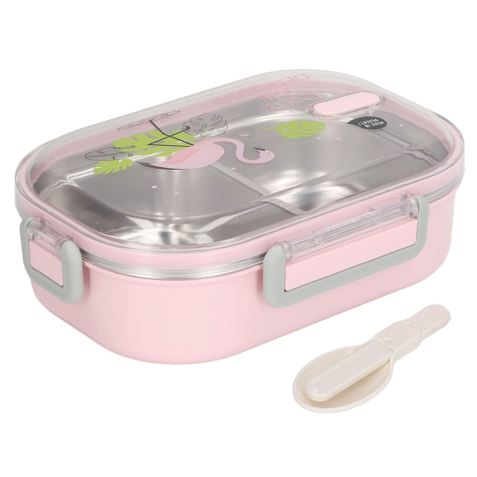TOPINCN 304 Stainless Steel Lunch Box Compartment Liner Thermal Insulation Lunch Box Illustration Style Proof Container for Student Children Transparent Pink Bird