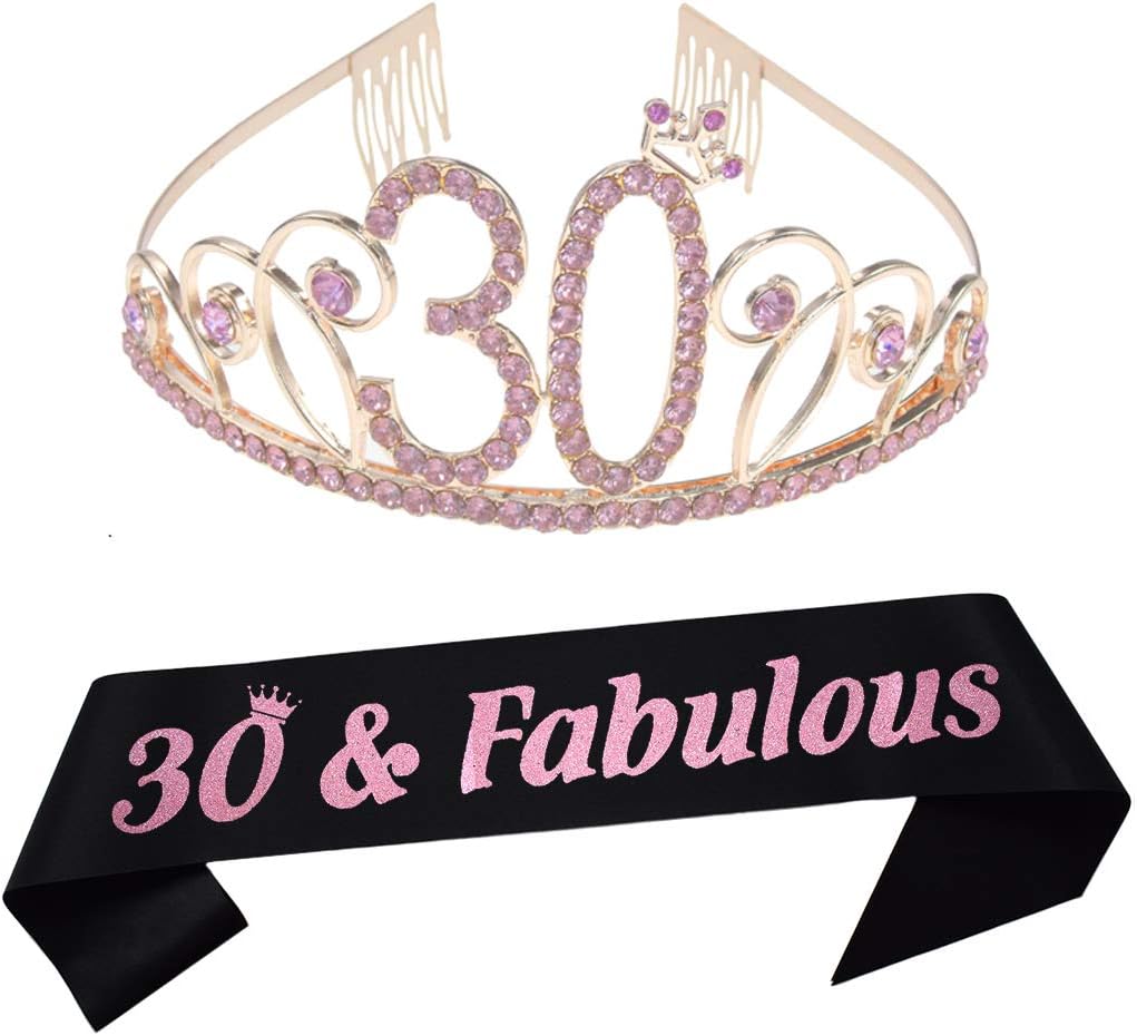 30th Birthday Tiara and Sash Happy 30th Birthday Party Supplies 30 Fabulous Black Glitter Satin Sash and Rose Gold Crystal Tiara Princess Birthday Crown for Women 30th Birthday Party Decorations