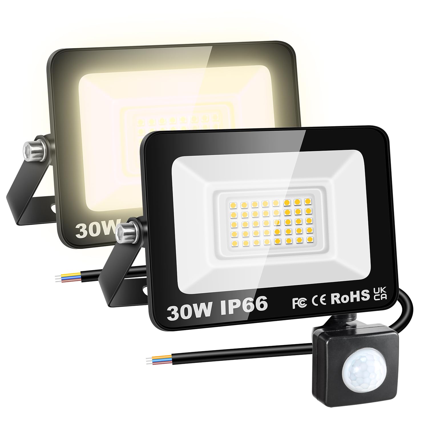 RIGIDON 2 Pcs PIR Motion Sensor Outdoor Floodlight, 30W 3000 Lumens Outside Led Work Light, Daylight Warm White Wall Light for Garden Garage Backyard Patio Lawn House Doorway, IP66 Waterproof 3000K
