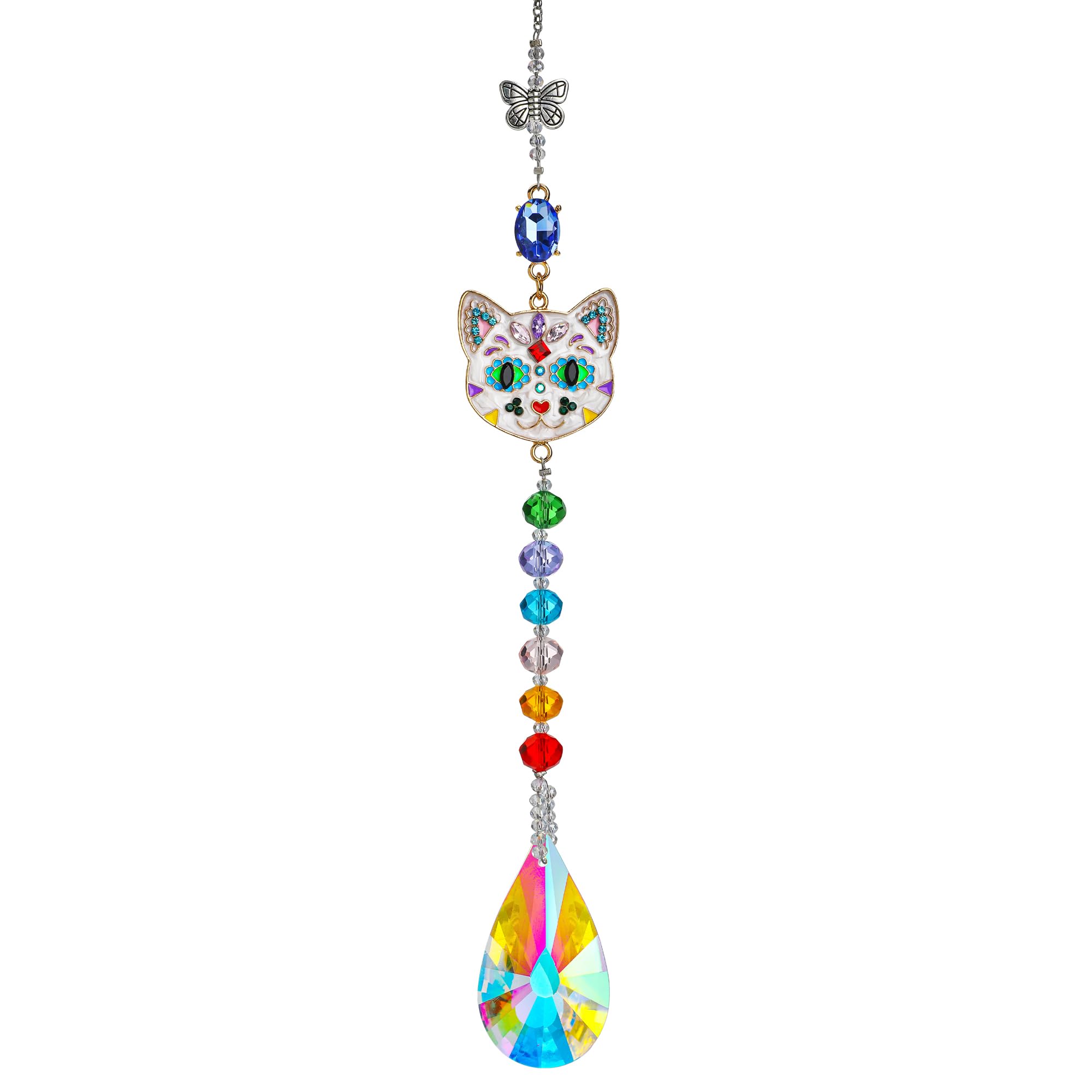 H&D HYALINE & DORA Crystal Rhinestones Suncatcher Cat Face Shaped with Butterfly Window Hang Pendant, Rainbow Crystal Colorful Prisms Ornament Gift Christmas Tree Decoration