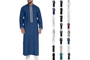 Mens Kaftan Thobe Long Sleeve Ancle-Length Muslim Gown Robe Big and Tall Jalabiya for Daily Prayer Ramadan Eid Wear