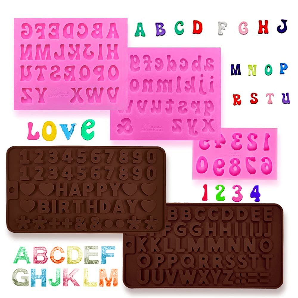 5 Pcs Letter and Number Fondant Molds, VEINARDYL 0-9 Number A-Z Letter Alphabet Handmade Silicone Candy Chocolate Molds Baking Mould Happy Birthday Cake Decorations Symbols