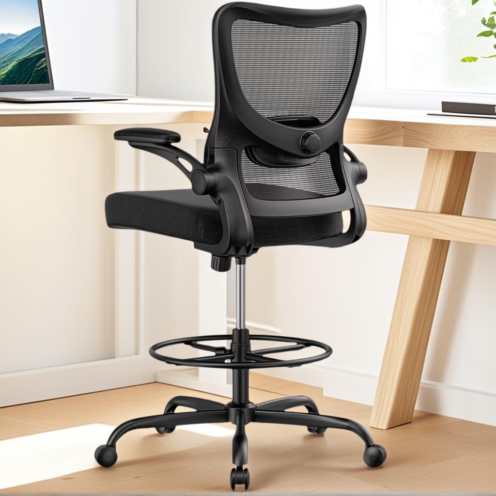 Photo 1 of **UNKNOWNN IF MISSING ANY PIECES**Marsail Drafting Chair, Tall Office Chair with 2D Lumbar Support, Standing Desk Chair,High Office Chair with Padded Flip-Up Armrests & Adjustable Footrest Ring, Ebony
