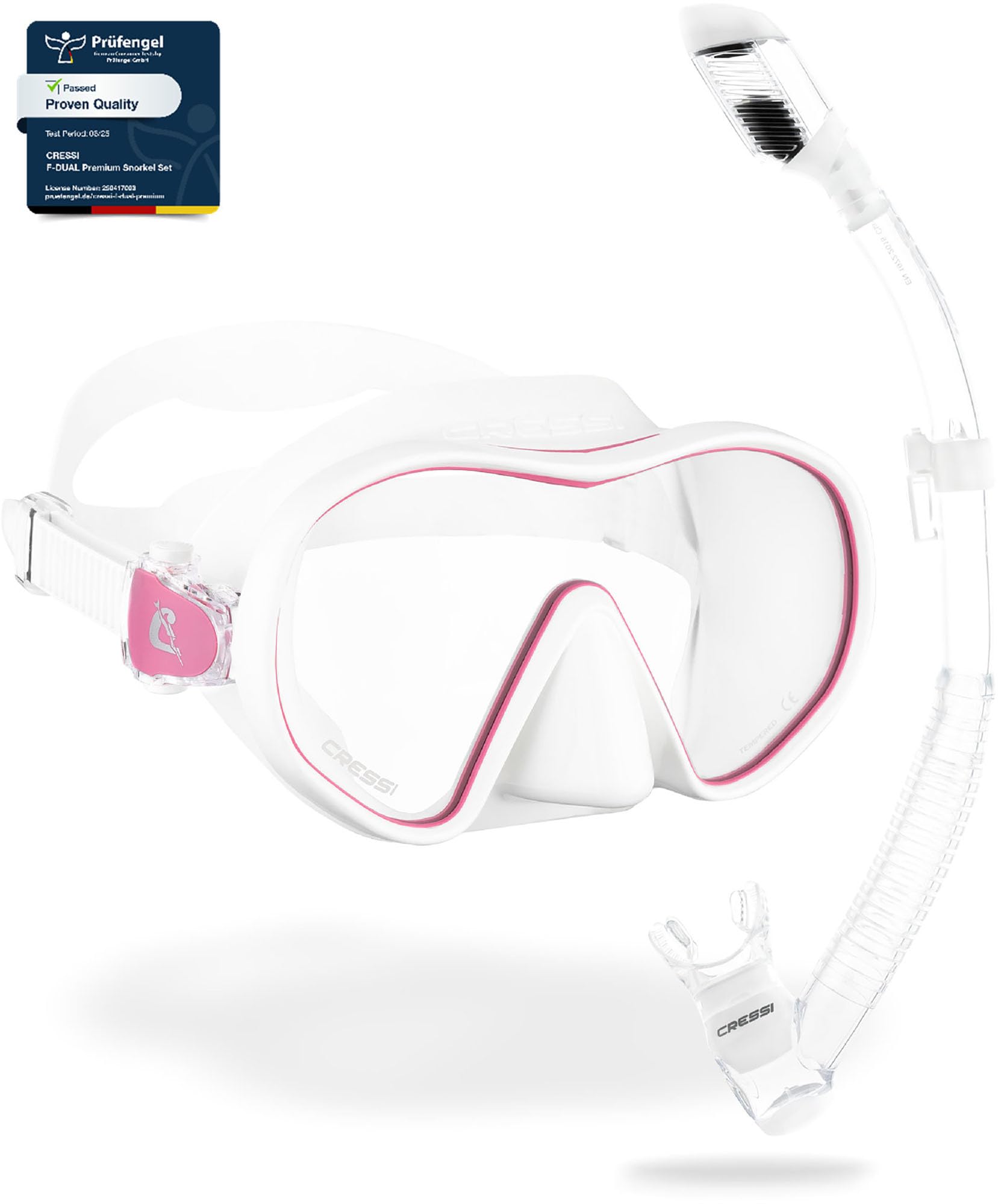 CRESSI F-Dual + Supernova Dry Combo - Unisex Diving Mask F-Dual rimless and Dry Snorkel for Snorkelling and Scuba Diving, Colour White Pink/Clear White, One Size