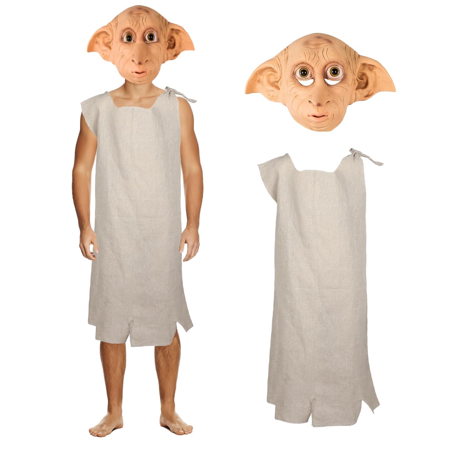 SINSEN Dobby Costume Mask for Adults Halloween Latex House Elf Dobby Cosplay Costume with Elf Mask Masquerade Party Outfit (Costume+mask, Large)