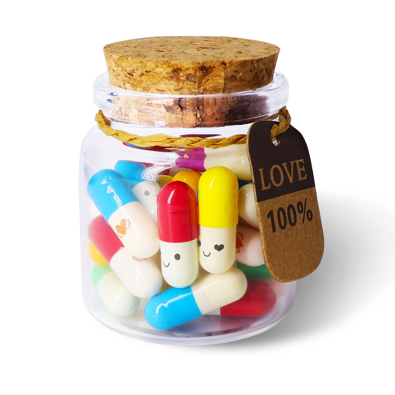 Mczcent Capsule Letters Message in a Glass Bottles, 30Pcs Cute Smiling Face Love Friendship Letter Color Pill with Wishing Bottle, Message Pills for Boys Girls Friends Family