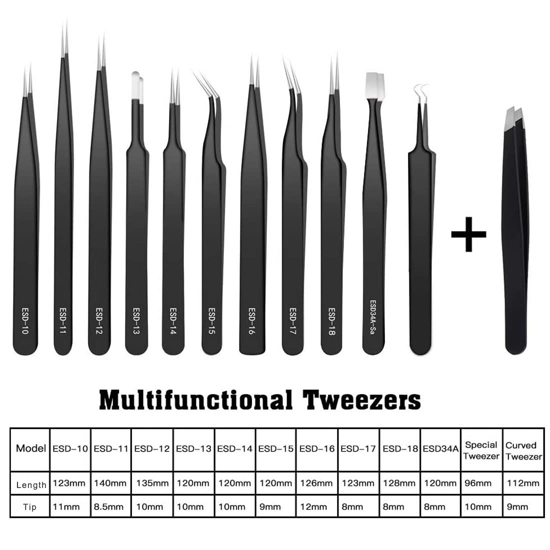 BOENFU Precision Tweezers Set 12 PCS Electronic Tweezers ESD 11, 12, 13, 15, 17 Pointed Tip Tweezers Kit for Electronics,Soldering, Craft, Jewelry, Ingrown, Eyelash