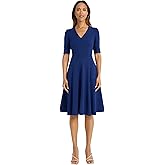 Donna Morgan Women's Dresses Stretch Crepe Elbow Sleeve V-Neck Fit and Flare Midi Dress