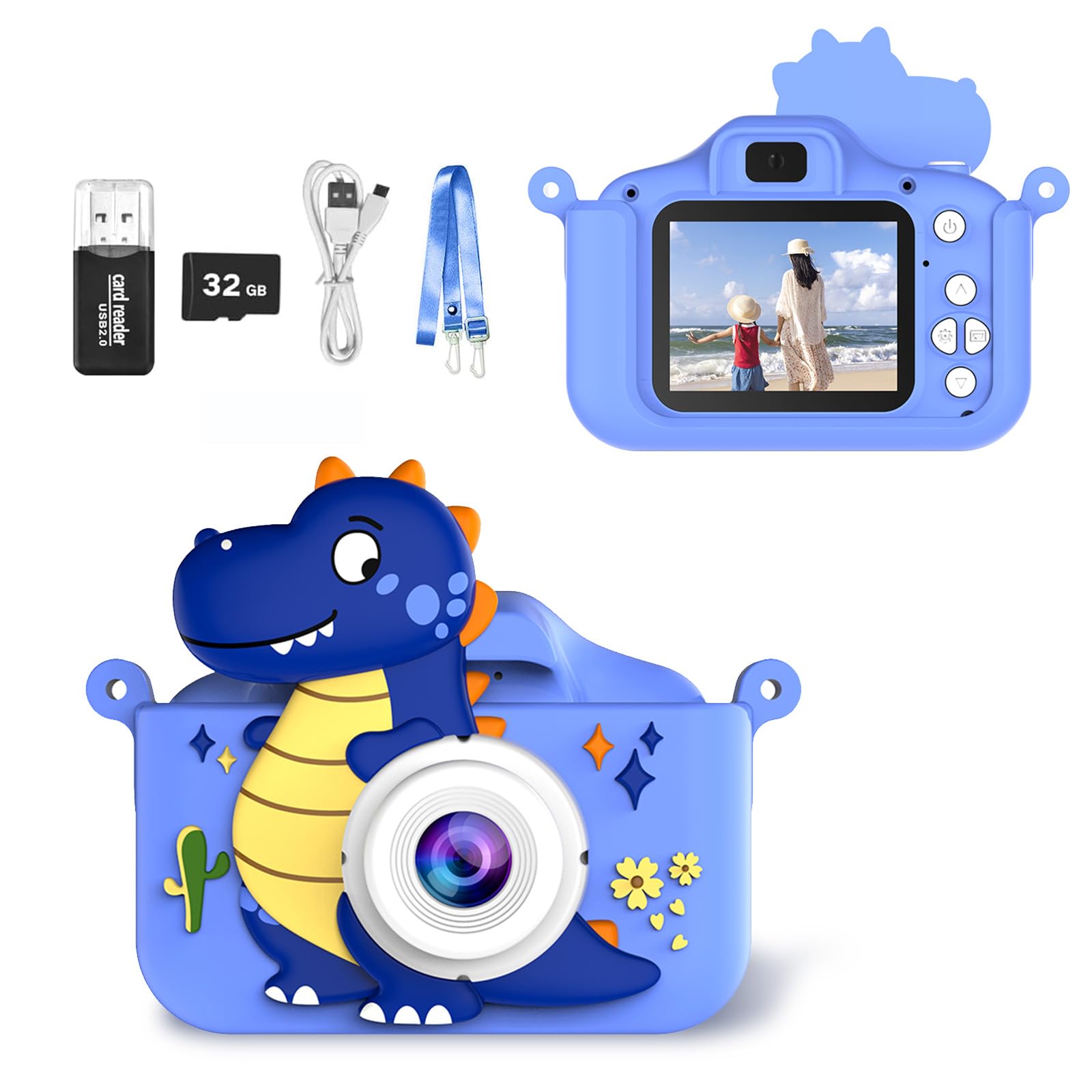 Photo 1 of Kids Toy Camera, Toddler Digital Camera, Portable Video Digital Camera for 3-12 Years Old Boys and Girls, Kids Christmas Birthday Gift with 32G SD Card and USB Card Reader (Dinosaur-Blue)