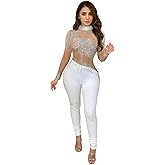 PORRCEY Sexy Jumpsuit for Women Sparkly Rhinestone Mesh See Through Hot Drilling Process Bodycon Party Club Night Romper