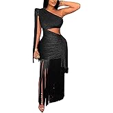 YAWJET Women's Sexy One Shoulder Fringe Dress Sleeveless Cut Out Bodycon Birthday Party Tassel Maxi Dresses
