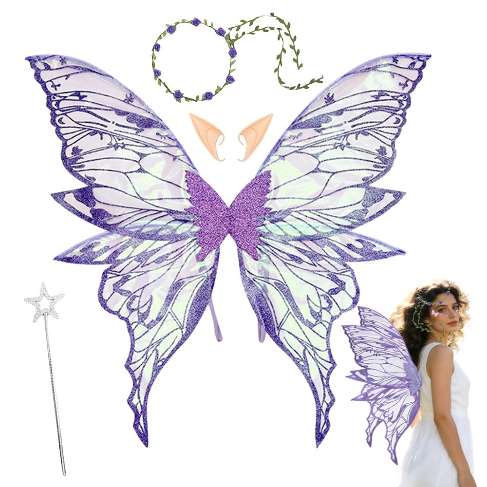 Fairy Wings for Girls & Women, Butterfly Wings Adults, Butterfly Elf Dress Up Set with Flower Headband, Elf Ears, Magic Wand, for Halloween and Carnival Party Cosplay (Purple)
