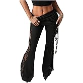 WDIRARA Women's Side Drawstring Ruched Floral Lace Sheer Flare Pants Stretchy Sexy Low Rise Bell Bottoms