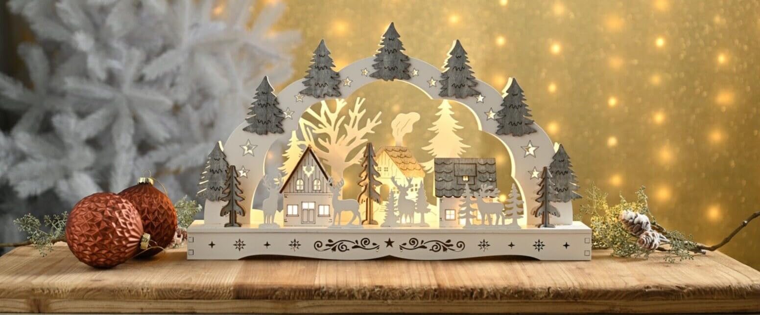 Festive Christmas LED Candle Bridge 43cm Long Reindeer Winter Snow Cottage Scene