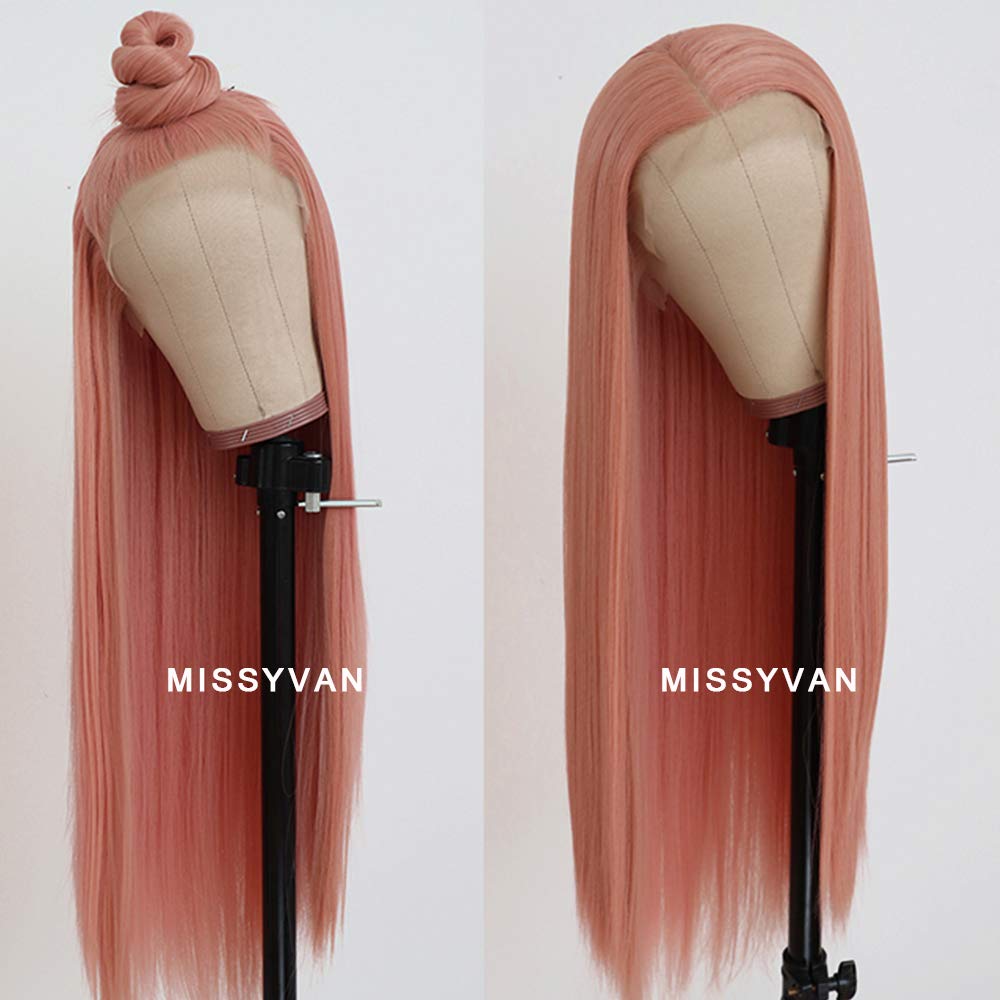 Missyvan Long Straight Hair Pink Color Lace Wigs Glueless Heat Resistant Fiber Hair Synthetic Lace Front Wigs for Fashion Women