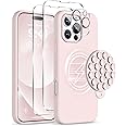 COFFKER Magnetic for iPhone 16 Pro Max Case, Compatible with Magsafe, Suction Cup Phone Mount, [2 Screen Protectors][Camera Protector] Silicone Shockproof Protective Phone Cover 6.9", Lovely Pink