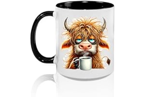 Cute Grumpy Tired Highland Cow Coffee Mug, 325 ml 11 oz, Black Handle, Dishwasher Safe, Microwave Safe